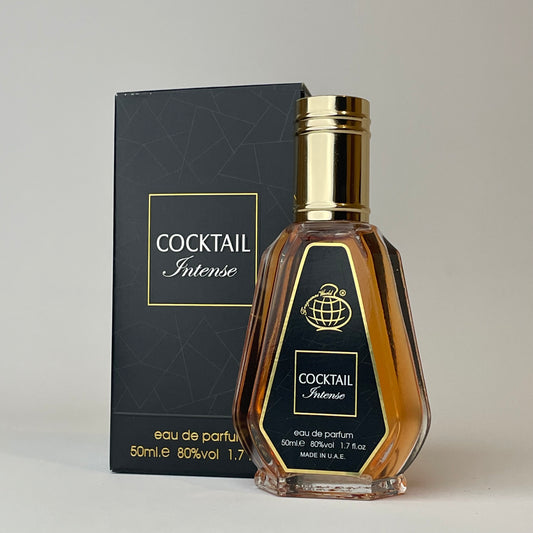 Cocktail Intense perfume bottle and packaging on a light gray background