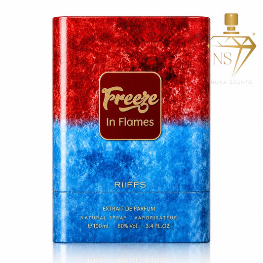 A rectangular perfume bottle with a textured red-to-blue gradient design and a central gold label reading 'Freeze In Flames'. The bottle is branded RiiFFS and features a gold NUKA SCENTS logo watermark in the top right corner.