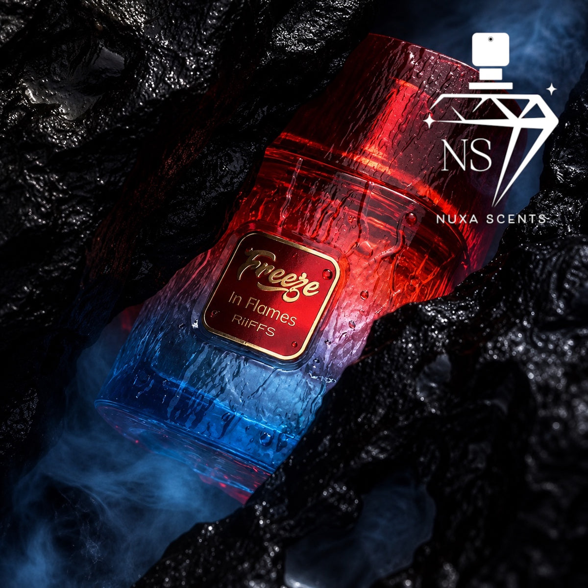 A perfume bottle labeled 'Freeze in Flames RiFFS' by Nuxa Scents, featuring a red-to-blue gradient design, nestled in dark textured rocks with blue smoke effects.