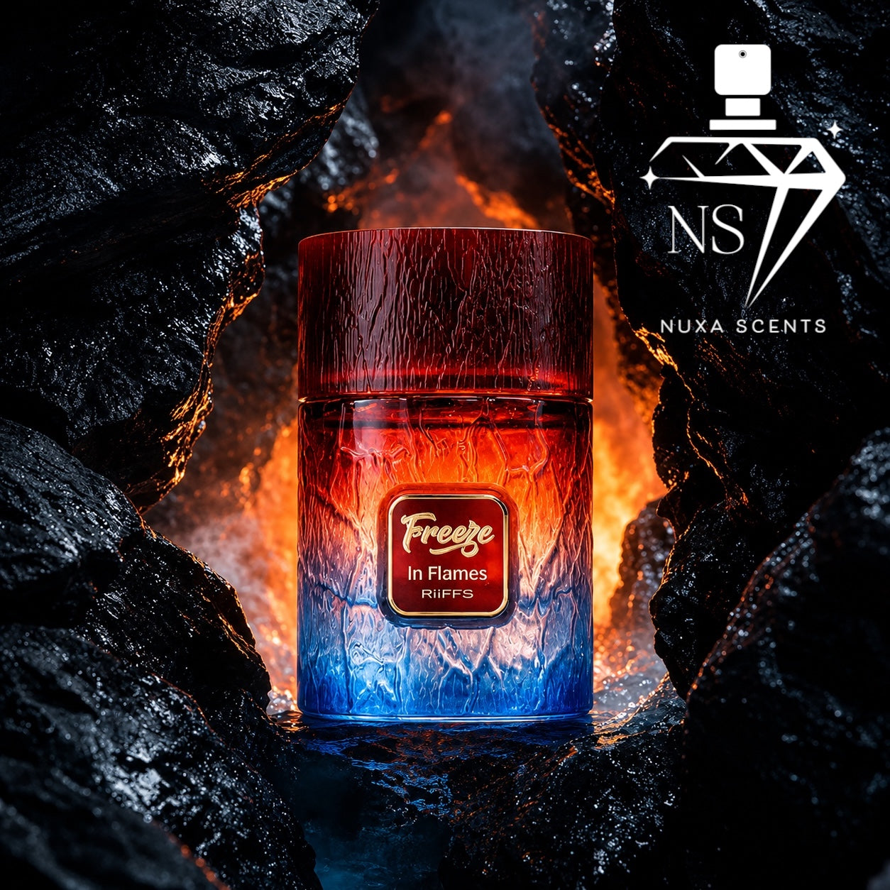 A fragrance bottle labeled 'Freeze in Flames RiiFFS' with a red-to-blue gradient, set between dark rocks with glowing embers. A 'NS NUXA SCENTS' logo appears in the top right.