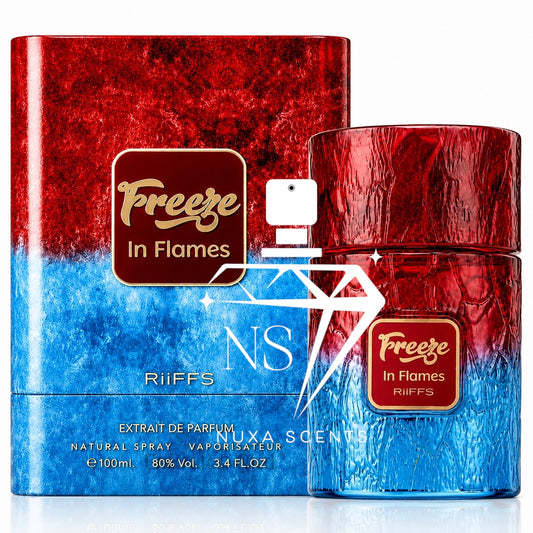 Freeze In Flames Riiffs Extrait de Parfum bottle and its matching packaging box, featuring a textured red and blue gradient design with gold lettering.