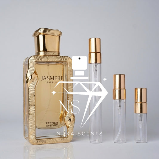 Gold and clear perfume bottles with ‘French Avenue' branding on a gray background