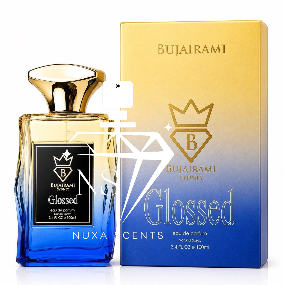 Bujairami Sydney Glossed Eau de Parfum bottle next to its gold and blue gradient packaging box, with a Nuxa Scents watermark overlay.