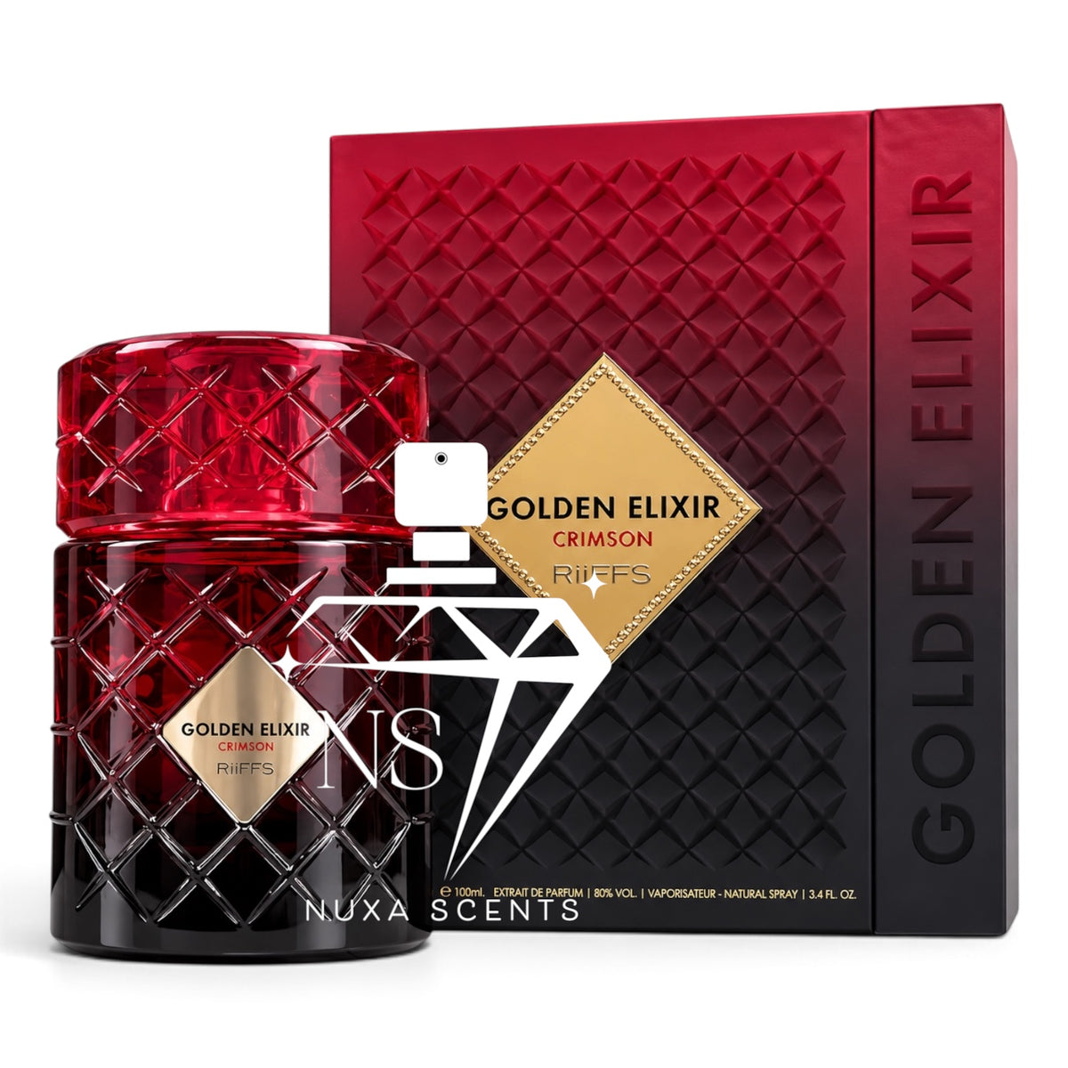 Nuxa Scents Golden Elixir Crimson perfume bottle and its matching red and black textured packaging box, featuring a gold diamond graphic on both the bottle and box.