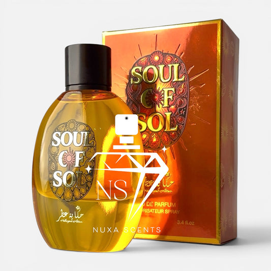 A bottle of Soul of Sol Eau de Parfum with its matching orange and gold box, featuring a white watermark overlay in the center.