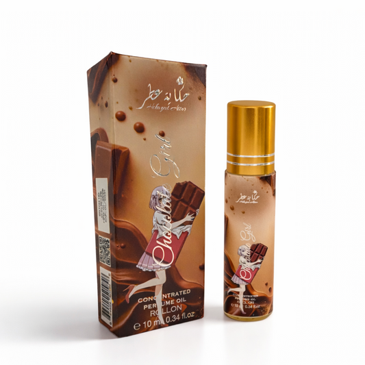 Chocolate-themed perfume bottle and packaging on a white background