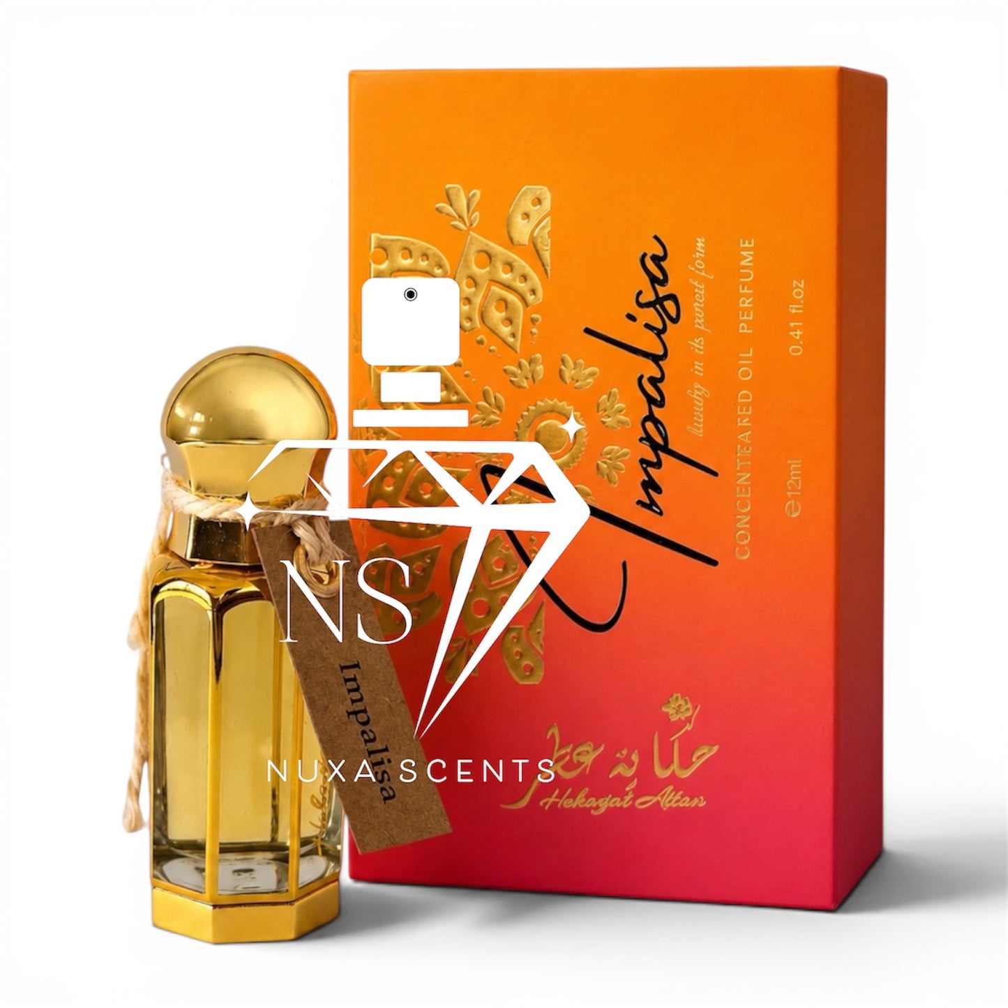 Gold perfume bottle and orange packaging with 'Nuxa Scents' branding on a white background