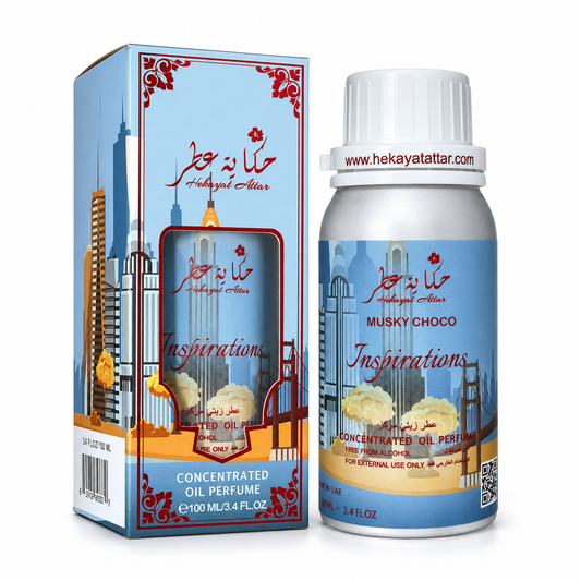 A bottle of Musky Choco concentrated oil perfume next to its retail box, both featuring a blue and red cityscape design with a golden tower, on a white background.