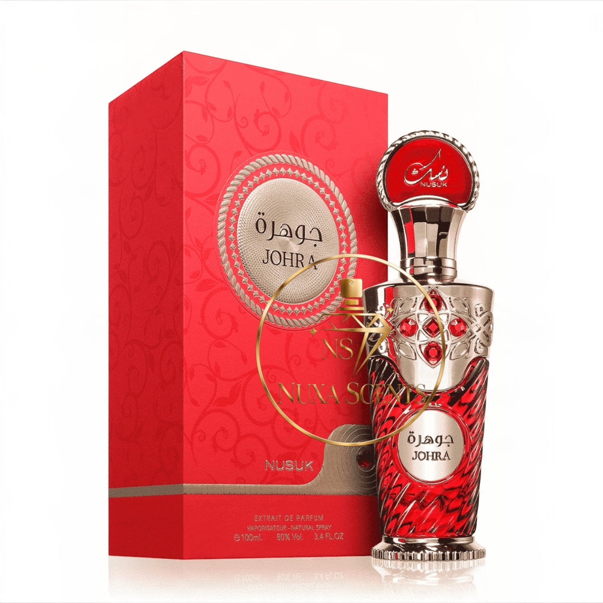 Nubux Johra perfume bottle and its red packaging box, featuring a textured red glass bottle with silver detailing and red gem accents, alongside a matching red box with gold lettering.