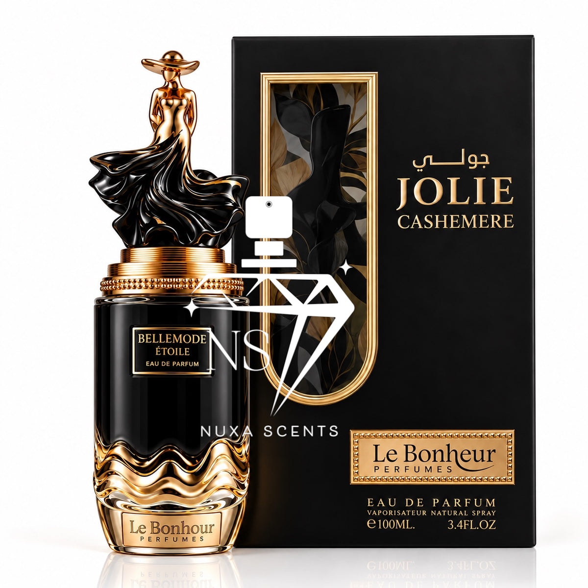 Nuxa Scents Le Bonheur Parfum bottle with a gold and black sculpted cap next to its black and gold retail box, featuring 'JOLIE CASHEMERE' and 'BELLEMODE ETOILE' text.