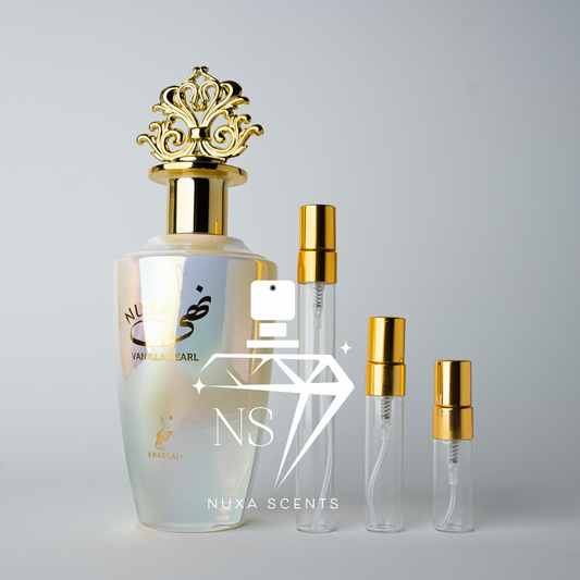Set of Nuxa Scents perfume bottles with gold caps on a gray background