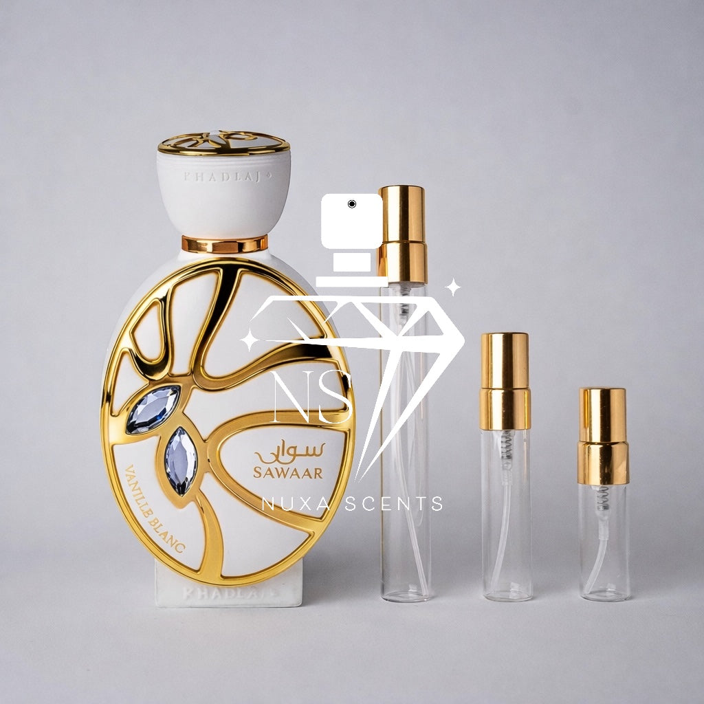 Perfume bottle with gold and white design, featuring khadlaj' brand on a gray background.
