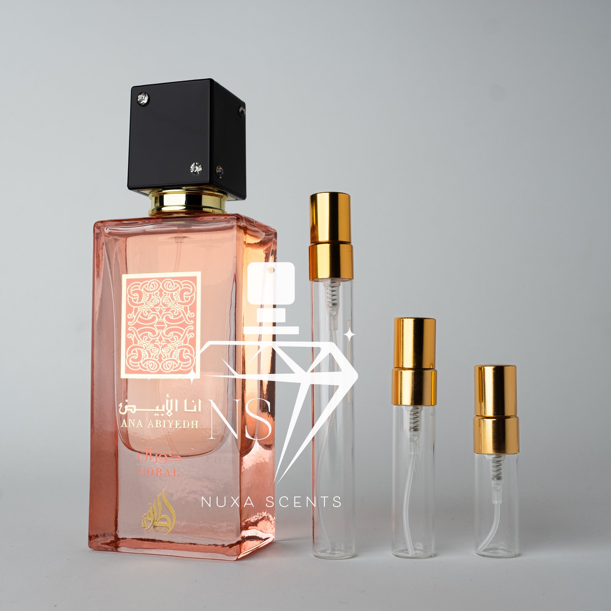 Perfume bottle and travel-sized versions on a gray background with Nuxa Scents branding.