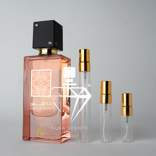 Perfume bottle and travel-sized versions on a gray background with Nuxa Scents branding.