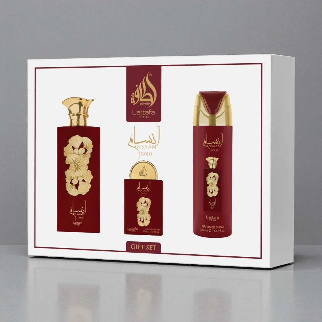 Gift set packaging with red and gold bottles on a white background