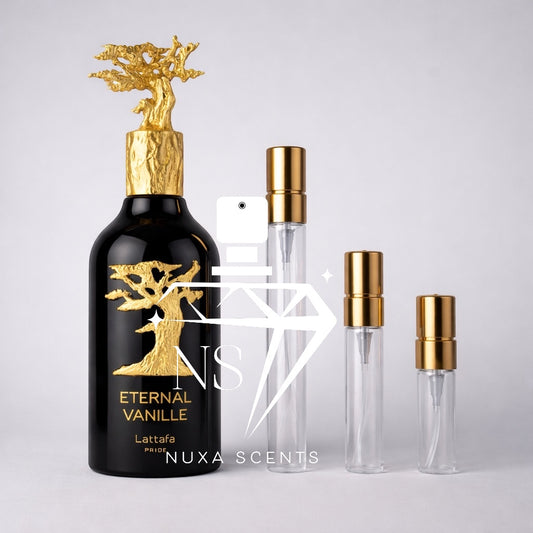 Perfume bottle with gold cap and black label on a white background