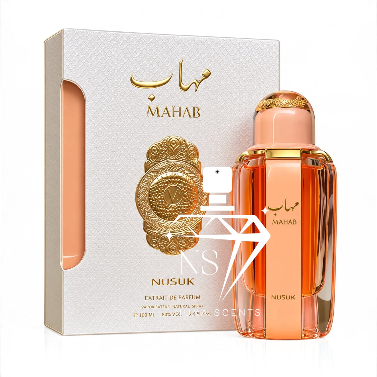 Nusuk Mahab Extrait de Parfum perfume bottle and its packaging box. The bottle is made of transparent amber glass with a peach-colored cap and gold lettering.