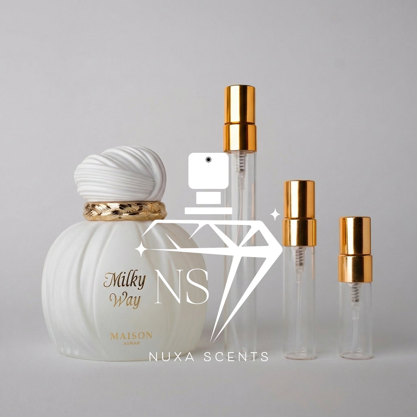 Perfume bottle and travel-sized bottles with gold caps on a gray background, featuring 'Nuxa Scents' branding.