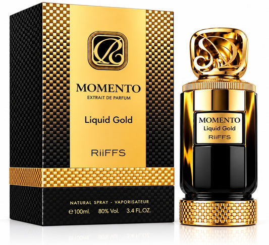RiFFS Momento Liquid Gold extrait de parfum bottle and its packaging box. The bottle is black with a textured gold cap and base, and the box is black and gold with a textured pattern.