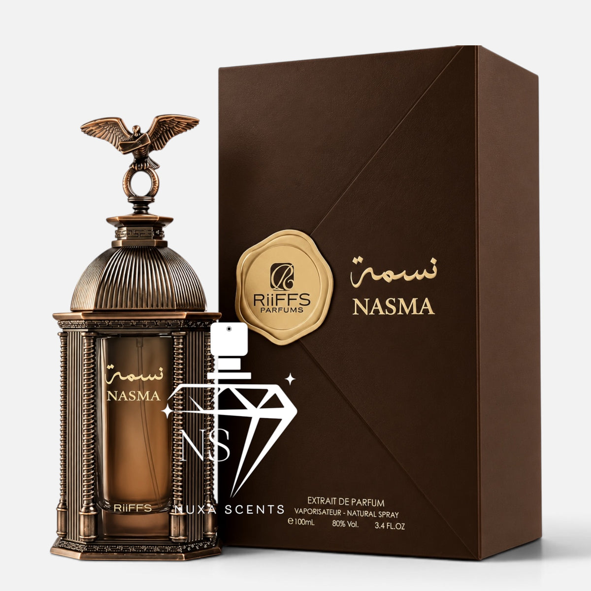 A luxury perfume bottle with an ornate bronze-colored cage design and eagle cap, standing next to its matching dark brown box with gold foil details. The brand 'Riffes Parfums' and product name 'Nasma' are clearly visible.