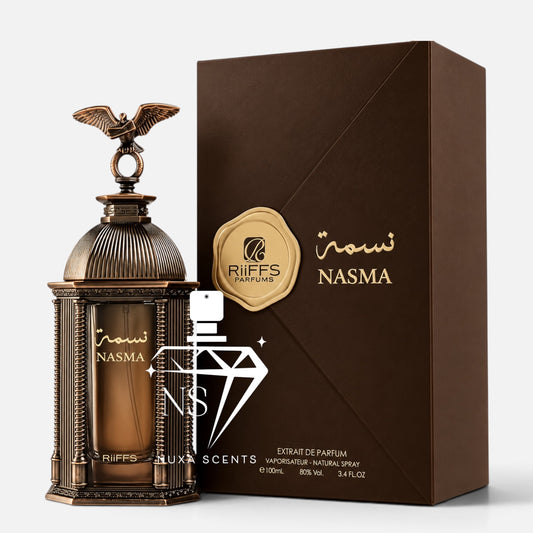 A luxury perfume bottle with an ornate bronze-colored cage design and eagle cap, standing next to its matching dark brown box with gold foil details. The brand 'Riffes Parfums' and product name 'Nasma' are clearly visible.