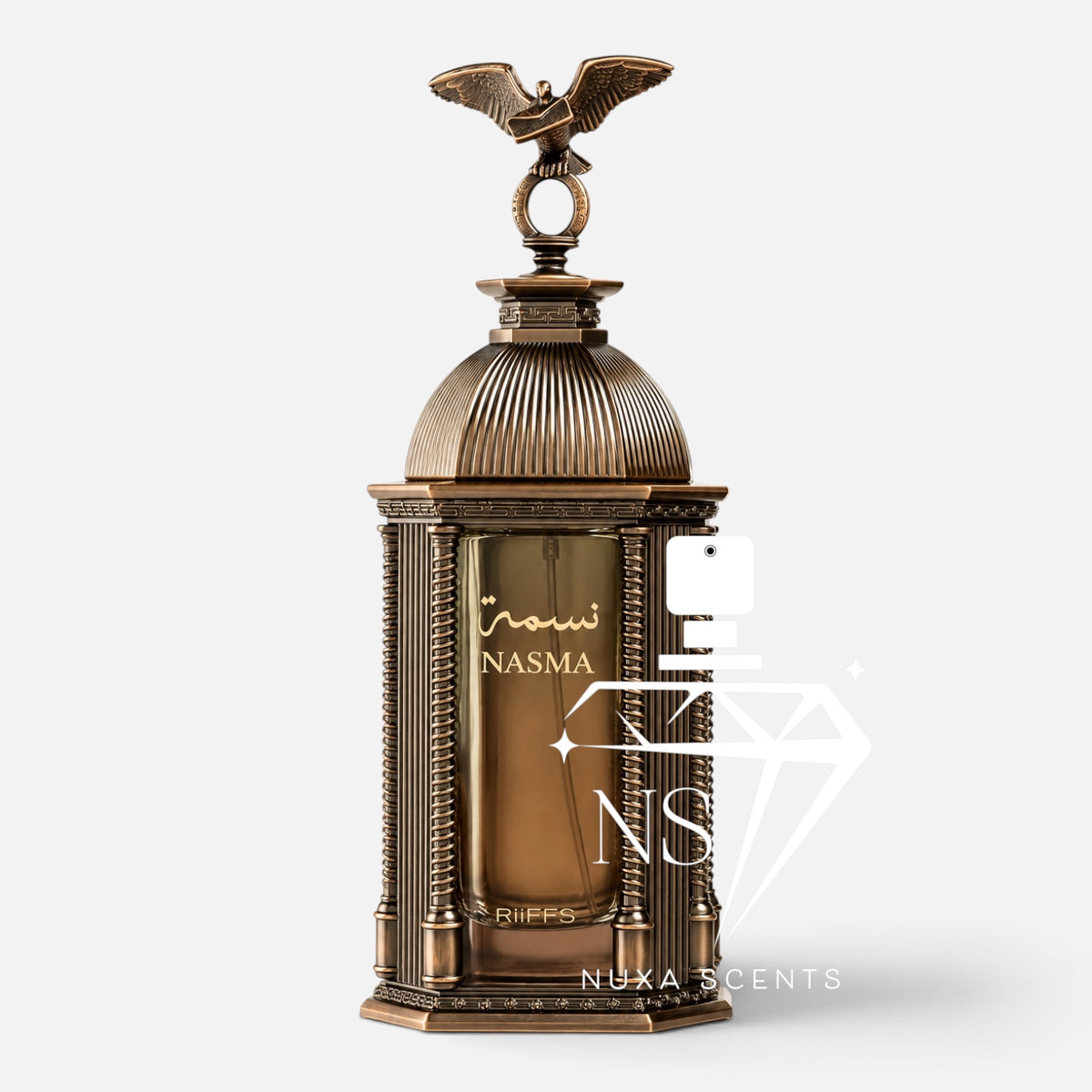 A luxury perfume bottle with an ornate antique bronze lantern design and a winged eagle finial on top. The bottle features a ribbed dome lid and a clear glass front panel displaying the amber liquid inside.