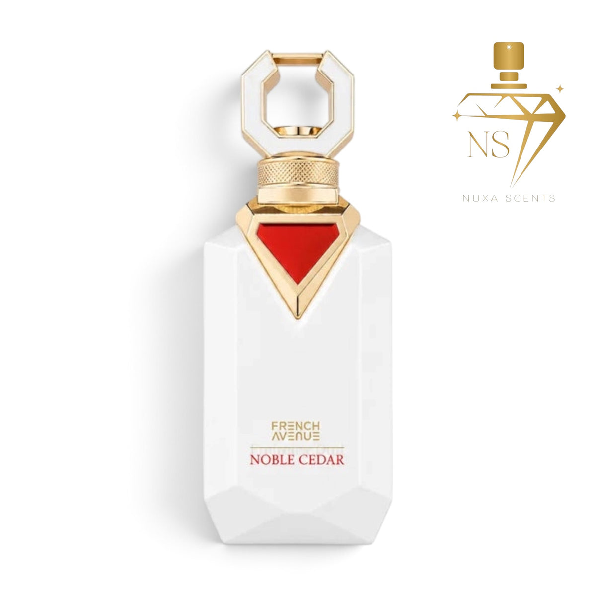 Noble Cedar French Avenue perfume bottle by Nuya Scents, featuring a white faceted geometric design with a gold cap and a red triangular accent on the neck.