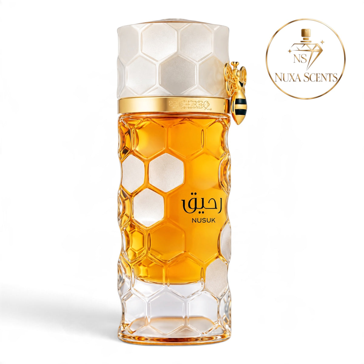 Nubuk Eau de Parfum bottle, featuring a honeycomb pattern with amber-colored liquid inside, a white hexagonal cap, and a gold collar with a bee accent, shown on a white background with a brand logo overlay.