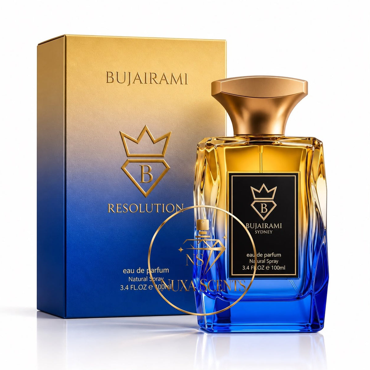 Bujairami Sydney Resolution Nuxa Scents 100ml eau de parfum bottle with a blue and gold gradient glass body and gold cap, shown next to its gold and blue packaging box.