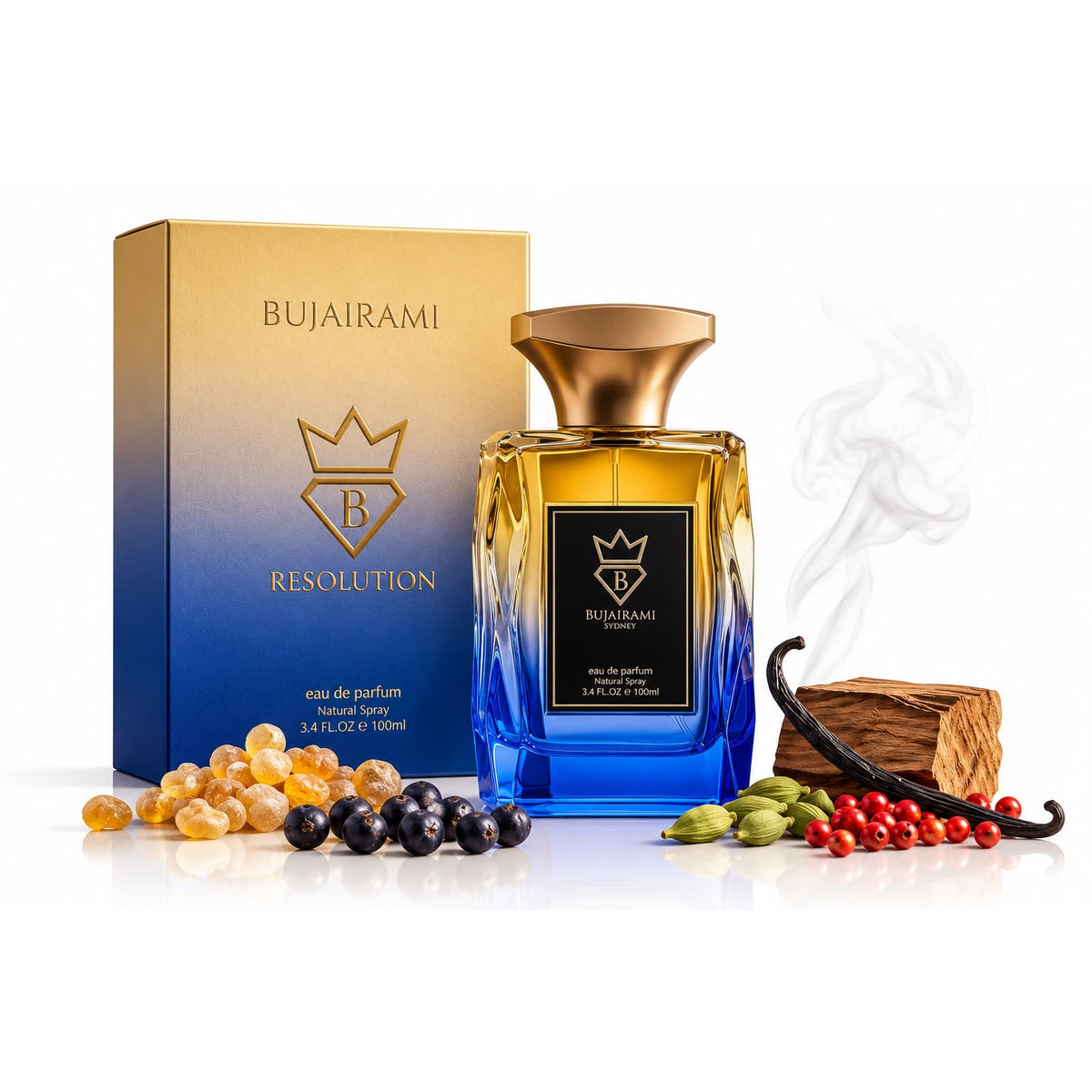 Resolution by Bujairami 100ml eau de parfum bottle and box styled with its fragrance notes: frankincense resin, juniper berries, cardamom pods, pink peppercorns, vanilla pod and cedarwood on a white background.