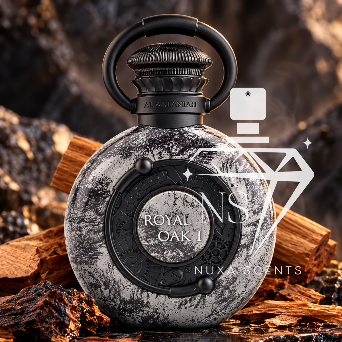 Royal Oak I by Al Wataniah perfume bottle featuring a textured silver and black finish, intricate gear-inspired detailing and a distinctive circular cap. Surrounded by rich woody elements on a dark stone surface, with warm amber lighting and a smoky background for a luxurious, masculine aesthetic.