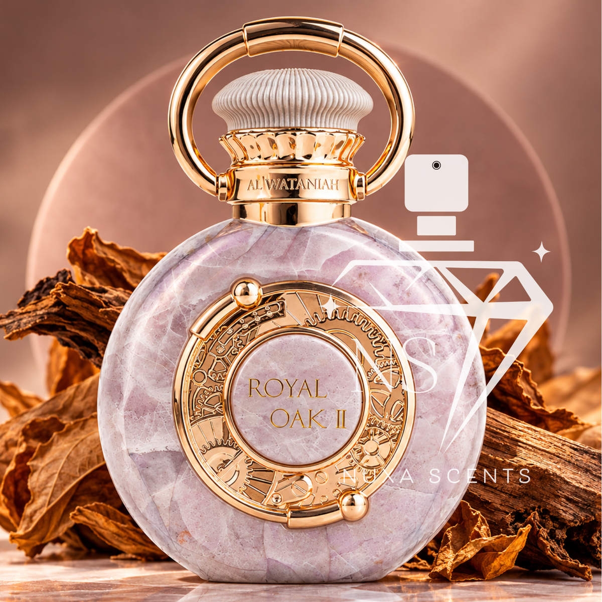 Royal Oak II by Al Wataniah perfume in a luxurious round, pale pink marble-effect bottle with intricate rose-gold detailing, a decorative circular handle and a ribbed ivory cap. Surrounded by rich woody elements and dried leaves on a reflective marble surface, with warm rose-gold lighting and a soft blush background creating an elegant, sophisticated aesthetic.