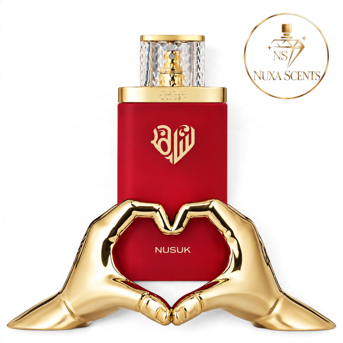 Nusuk perfume bottle, featuring a red rectangular body with a gold heart emblem, a gold cap, and a sculptural gold heart-shaped hands design in the foreground. A circular Nuxa Scents logo is visible in the top right corner.
