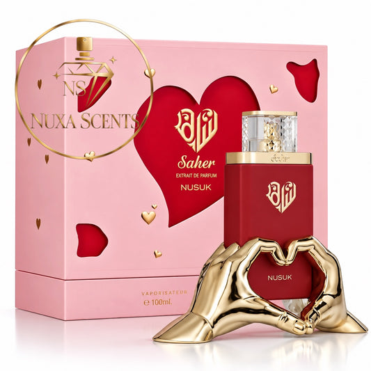 Nusuk Saher Extrait de Parfum 100mL bottle with a gold heart-shaped hand sculpture base, displayed in front of its pink and red heart-themed packaging box.
