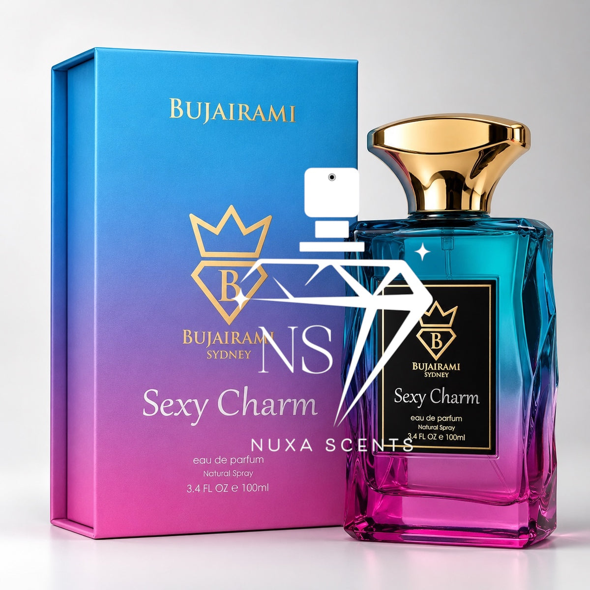 Bujairami Sexy Charm Eau de Parfum bottle with a gold cap next to its blue-to-pink gradient box, featuring a large white watermark overlay.