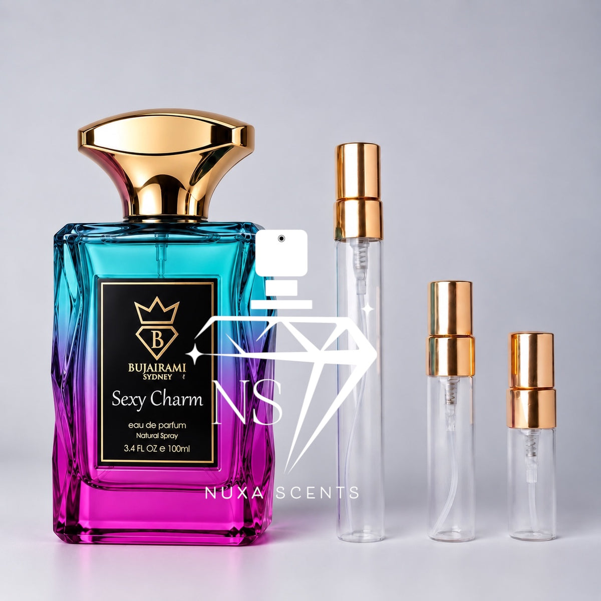 Bujairami Sydney Sexy Charm 100ml Eau de Parfum bottle with vibrant turquoise-to-pink gradient glass, gold cap and black label, displayed beside three clear perfume sample decant spray bottles with gold atomisers on a clean light-grey studio background.