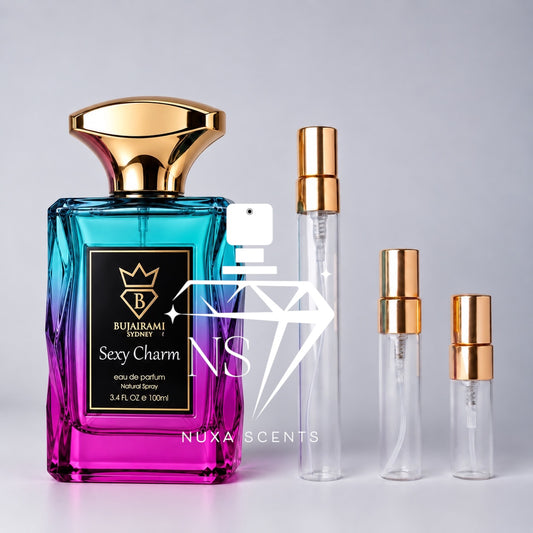 Bujairami Sydney Sexy Charm 100ml Eau de Parfum bottle with vibrant turquoise-to-pink gradient glass, gold cap and black label, displayed beside three clear perfume sample decant spray bottles with gold atomisers on a clean light-grey studio background.