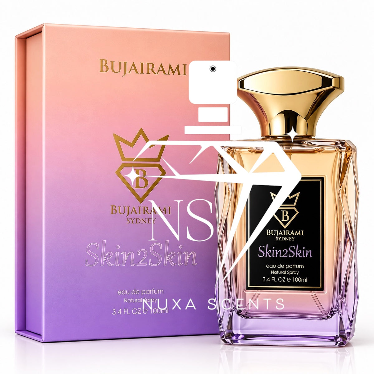Bujairami Sydney Skin2Skin Eau de Parfum bottle with a gold cap next to its pink-to-purple gradient box, featuring a prominent white watermark overlay.