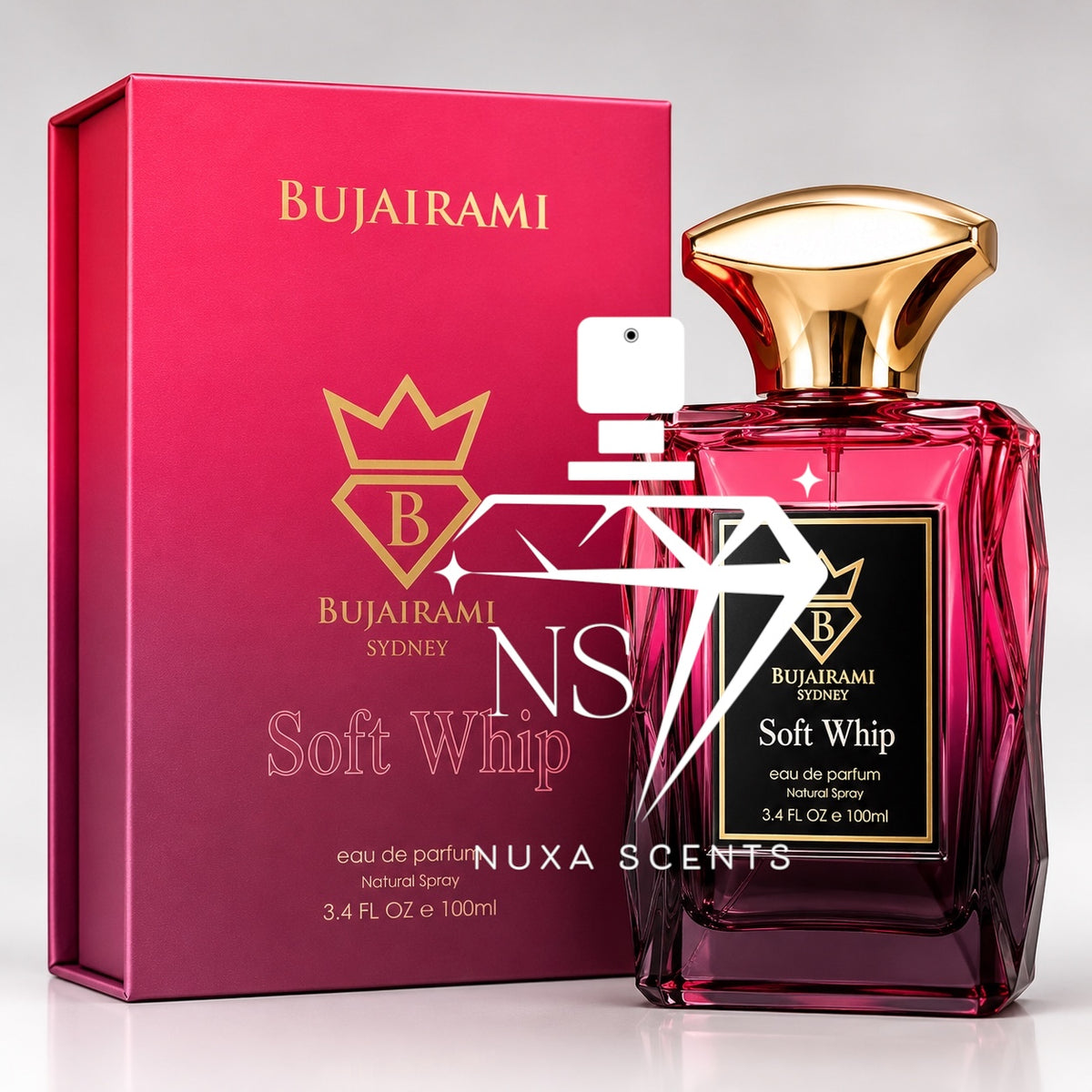 Bujairami Soft Whip 100ml Eau de Parfum bottle in deep pink gradient glass with a gold cap, displayed beside its matching pink and burgundy box on a white studio background.