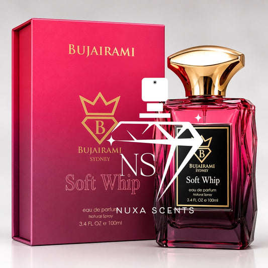 Bujairami Soft Whip 100ml Eau de Parfum bottle in deep pink gradient glass with a gold cap, displayed beside its matching pink and burgundy box on a white studio background.