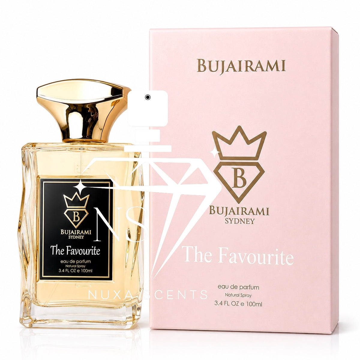 Bujairami Sydney 'The Favourite' eau de parfum bottle with a gold cap next to its light pink packaging box, on a white background.