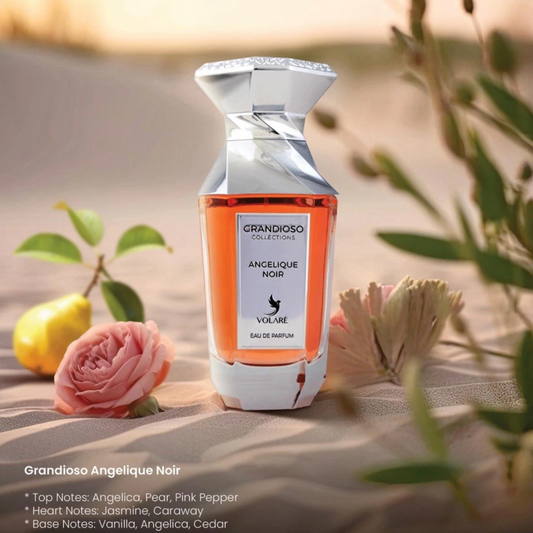 Product bottle with floral and fruit elements on a blurred natural background