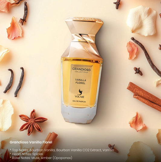 Vogue Grandioso Vanilla Florale perfume bottle surrounded by vanilla beans, flowers, and spices on a light background.