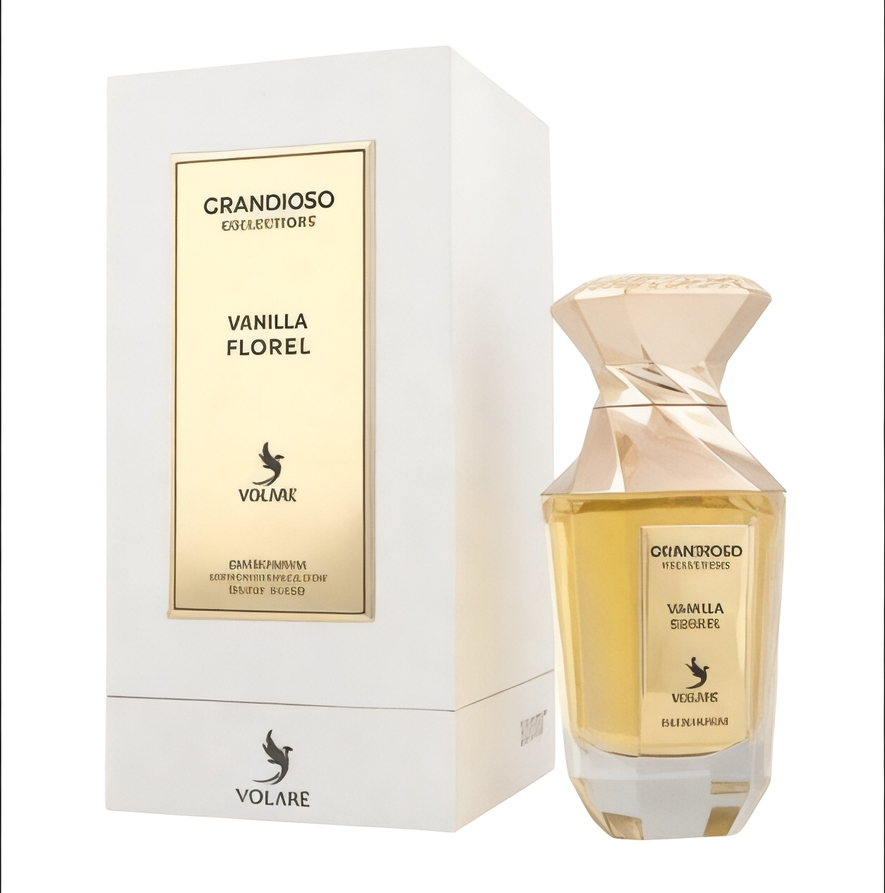 Perfume bottle and packaging of 'Grandioso Vanilla Florel' by Volare on a white background