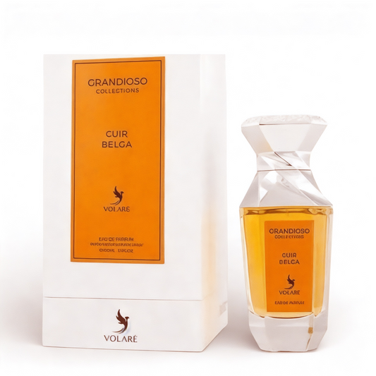 Perfume bottle and packaging of Volare Grandioso Cuir Belga on a white background