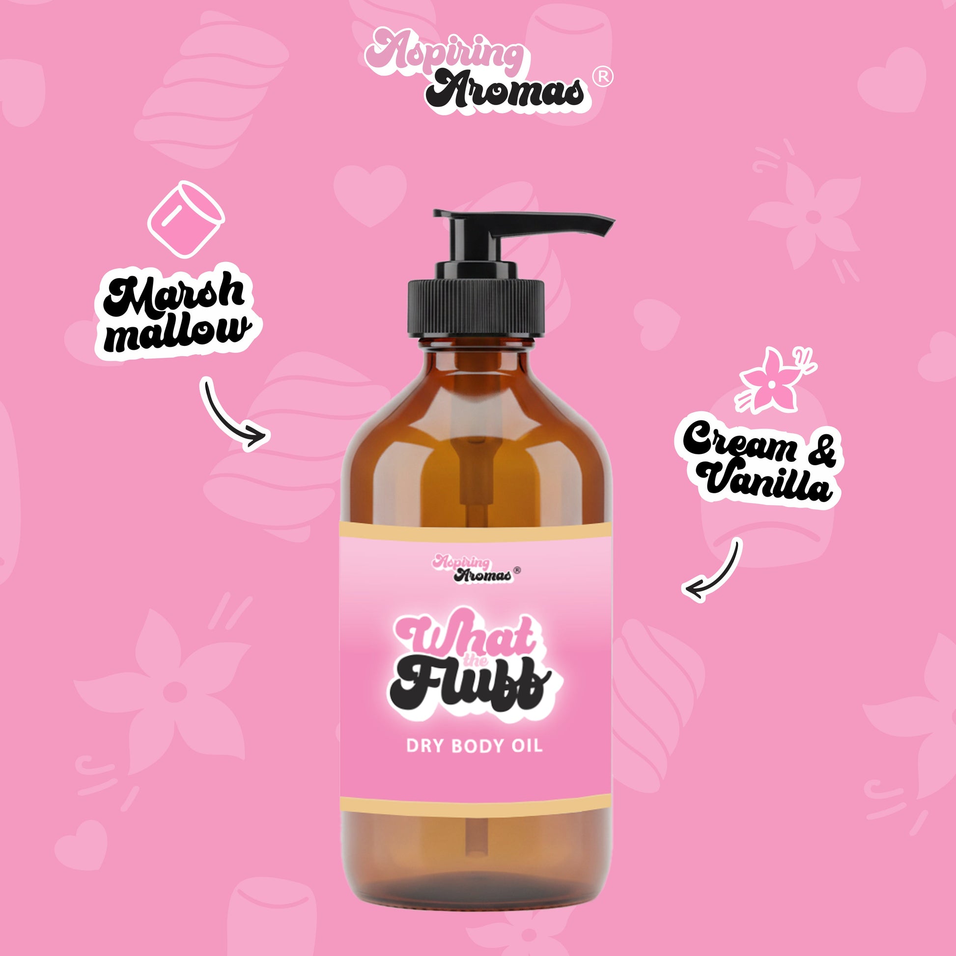 An amber glass pump bottle of 'What Flubs' dry body oil by Inspiring Aromas, featuring a pink label. The image is set against a pink background with floral patterns and includes text callouts reading 'Marshmallow' and 'Cream & Vanilla' with arrows pointing to the product.