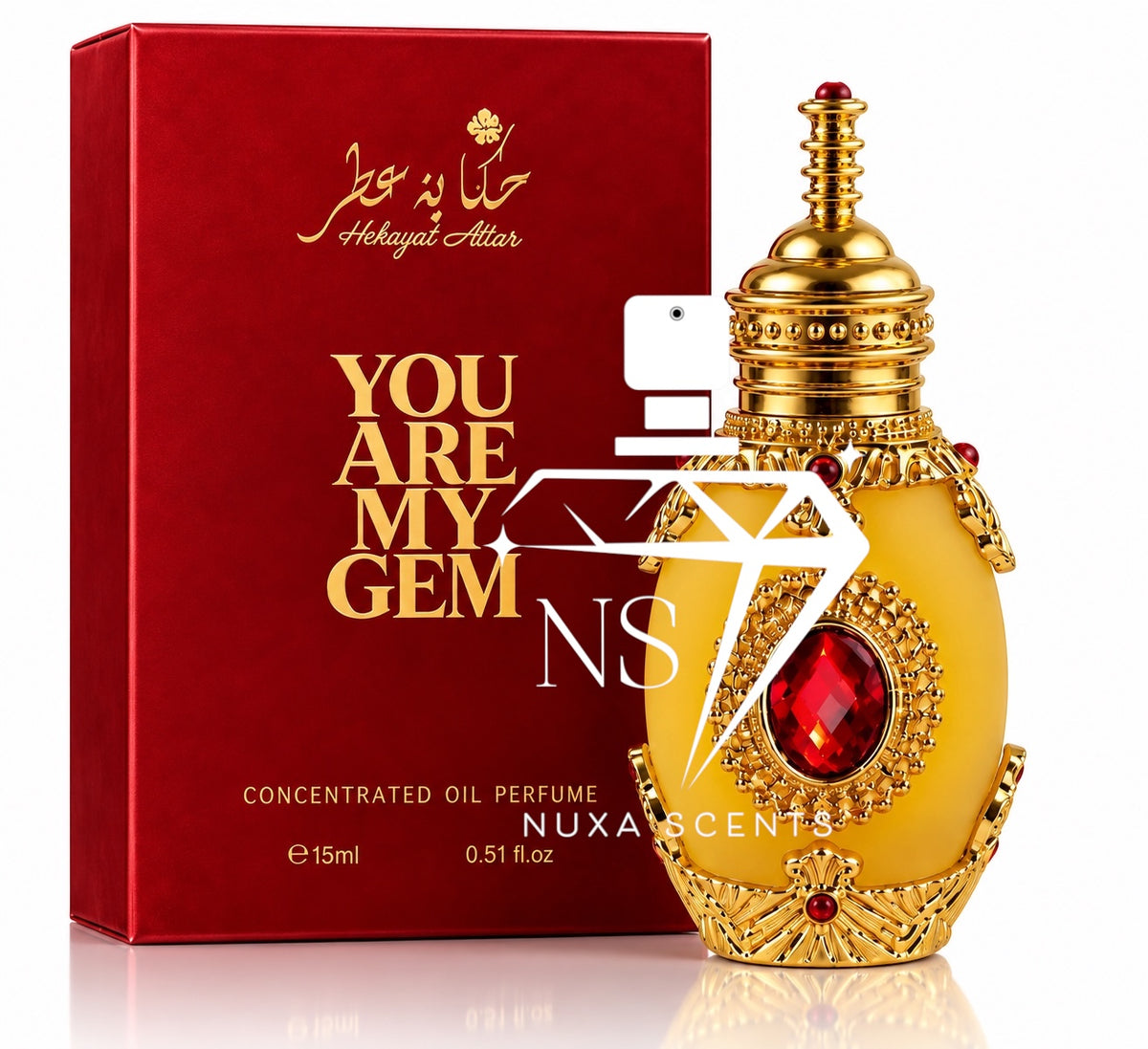 You Are My Gem 15ml Concentrated Perfume Oil by Hekayat Attar, featuring an ornate gold bottle with a ruby-red gemstone beside its luxurious red and gold presentation box on a clean white studio background.