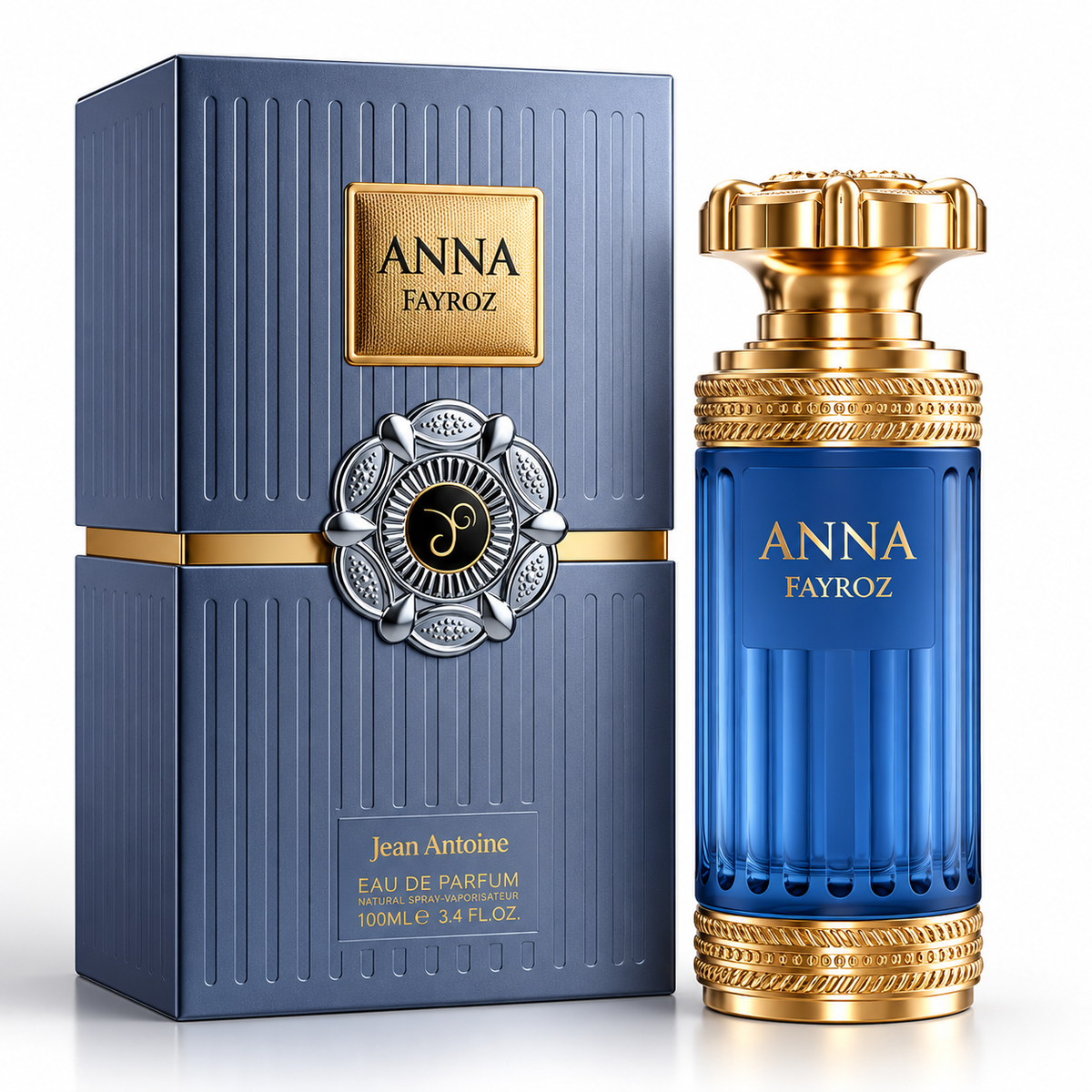 Anna Fayroz Jean Antoine Eau de Parfum bottle and its matching blue box, both featuring gold and silver detailing on a white background.