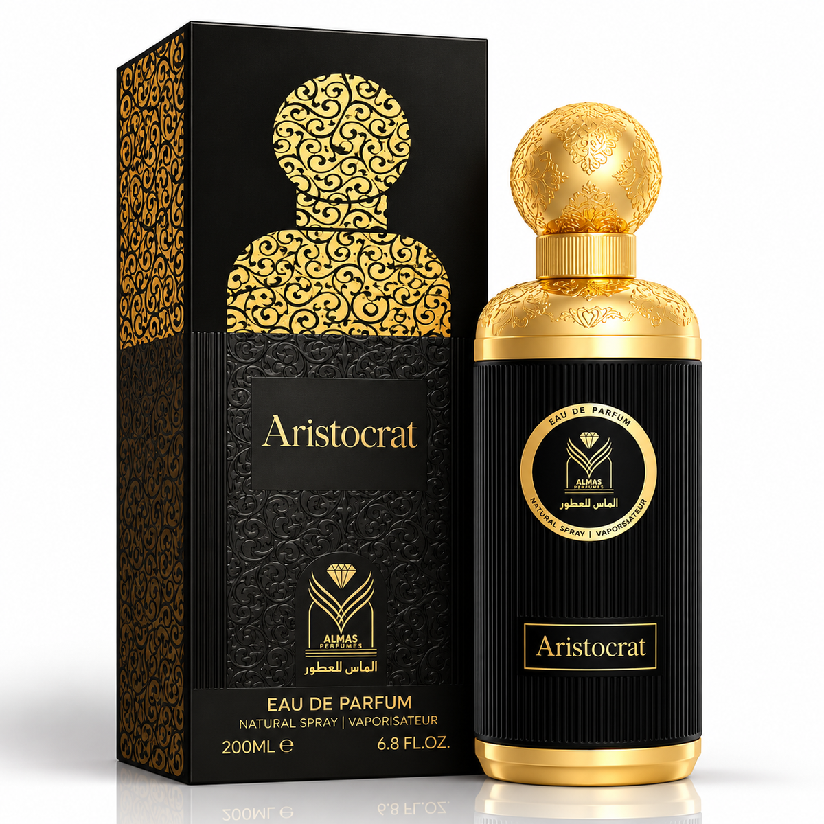 A luxury perfume bottle and its matching box, both in black and gold, featuring the brand name 'Aristocrat' and 'Al Maktour' on a clean white background.