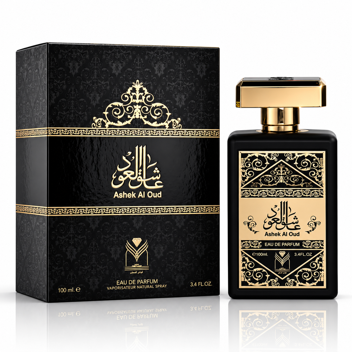 Ashek Al Oud Eau de Parfum 100ml bottle and its black ornate packaging box with gold detailing, set against a clean white background with a subtle reflection.